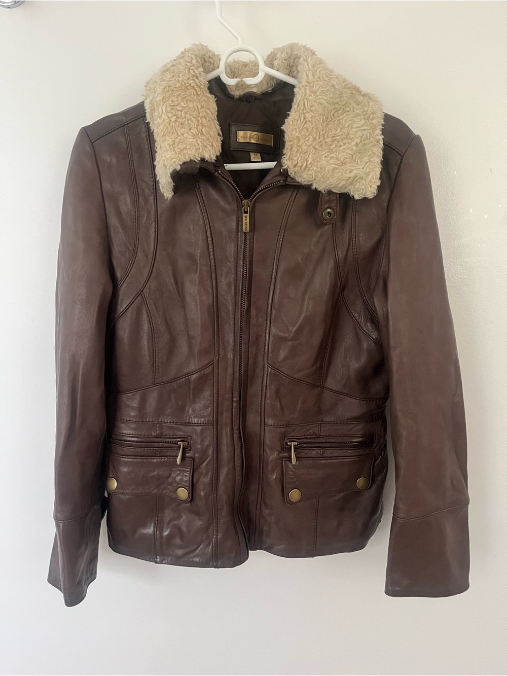 Women’s Wilsons Leather Brown Bomber Jacket with Cream Shearling Collar